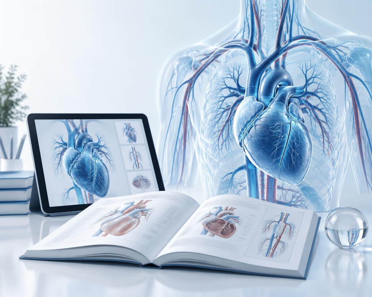 Translucent anatomical heart beside an open medical textbook and tablet lesson
